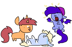 Size: 555x361 | Tagged: safe, artist:nootaz, oc, oc only, oc:amplitude, oc:game guard, oc:nootaz, bat pony, bat pony oc, chibi, gametaz, on back, simple background, transparent background