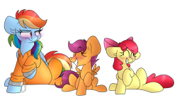 Size: 2106x1200 | Tagged: safe, artist:korgikardigan, derpibooru import, apple bloom, rainbow dash, scootaloo, pegasus, pony, blushing, bound wings, clothes, cuffs, embarrassed, laughing, prison outfit, prisoner rd, shackles, simple background, smiling, transparent background