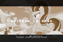 Size: 961x648 | Tagged: safe, derpibooru import, fluttershy, hoops, rainbow dash, starlight glimmer, pegasus, pony, the cutie re-mark, friendly fire, implied twilight sparkle, metal gear, metal gear solid, metal gear solid 3, offscreen character, parody, sepia, time paradox, younger