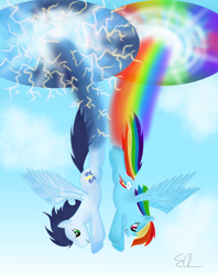 Size: 1024x1293 | Tagged: safe, artist:northlights8, derpibooru import, rainbow dash, soarin', pegasus, pony, female, male, shipping, soarindash, sonic rainboom, straight