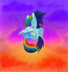 Size: 1700x1800 | Tagged: safe, artist:northlights8, derpibooru import, rainbow dash, soarin', pegasus, pony, cloud, female, male, shipping, soarindash, straight, sunset