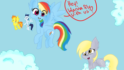 Size: 1024x576 | Tagged: safe, artist:kinkykittey, derpibooru import, derpy hooves, rainbow dash, soarin', spitfire, pegasus, pony, female, mare