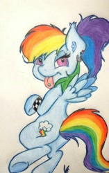 Size: 538x856 | Tagged: safe, artist:gingerthefox, derpibooru import, rainbow dash, pegasus, pony, earring, piercing, ponytail, solo, tongue out, tongue piercing, traditional art