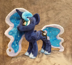 Size: 1024x934 | Tagged: safe, artist:plushypuppy, princess luna, alicorn, pony, female, folded wings, irl, jewelry, mare, missing accessory, photo, plushie, regalia, solo, standing