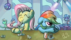 Size: 1000x563 | Tagged: safe, artist:flavinbagel, dj pon-3, fluttershy, rainbow dash, vinyl scratch, pegasus, pony, unicorn, alcohol, bar, drink, nightclub, party, soda