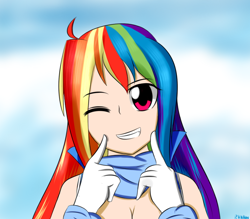 Size: 800x700 | Tagged: safe, artist:ranban, rainbow dash, cleavage, female, humanized, pixiv, smiling, solo