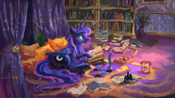 Size: 1920x1080 | Tagged: safe, artist:plainoasis, princess luna, alicorn, pony, book, bookshelf, crown, cute, donut, female, food, hourglass, indoors, inkwell, interior, jewelry, lying, mare, mess, on floor, painting, plot, quill, reading, regalia, solo, tail, underhoof, waiting