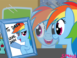 Size: 467x351 | Tagged: safe, artist:smile, derpibooru import, rainbow dash, pegasus, pony, drink, kanye west, picture, propaganda, reflection, smiling, solo, wonderbolts