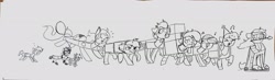 Size: 2807x823 | Tagged: safe, artist:nootaz, oc, oc:alpha charm, oc:cookie, oc:frontier, oc:goldie, oc:hearth, oc:lock hard, oc:looty, oc:metal lock, oc:pink, cute, female, male, marching, music notes, parade, singing, smiling, traditional art