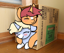 Size: 540x451 | Tagged: safe, artist:nootaz, oc, oc:game guard, oc:nootaz, pony, box, cute, duo, gametaz, irl, nootabetes, photo, ponies in real life, pony in a box, snuggling