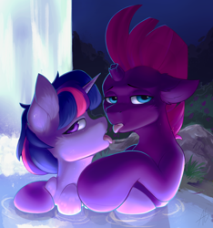 Size: 2242x2400 | Tagged: safe, artist:argigen, tempest shadow, twilight sparkle, pony, unicorn, broken horn, female, horn, imminent kissing, lesbian, looking at you, rcf community, shipping, tempestlight, tongue out, water, waterfall