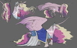 Size: 1600x997 | Tagged: safe, artist:penrosa, princess cadance, alicorn, pony, clothes, crown, cutie mark, dress, ethereal mane, female, gray background, headcanon in the description, headdress, horn jewelry, jewelry, large wings, long horn, looking at you, mare, medieval, missing accessory, raised hoof, regalia, shawl, simple background, solo, spread wings, stray strand, tail feathers, walking, wings