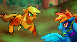 Size: 1280x704 | Tagged: safe, artist:cherivinca, derpibooru import, applejack, rainbow dash, earth pony, pegasus, pony, accessory theft, angry, duo, forest, grass, hat, rainbow dash always dresses in style, tree