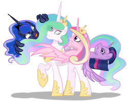 Size: 1294x1024 | Tagged: safe, artist:inersdraco, princess cadance, princess celestia, princess luna, twilight sparkle, twilight sparkle (alicorn), alicorn, pony, budding, female, mare, multiple heads, mutant, simple background, transparent background, twibutt, wat, weird, what has magic done, wing hands, wings