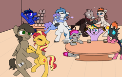 Size: 1900x1200 | Tagged: safe, artist:nootaz, sunset shimmer, oc, oc:brisk, oc:magmatic, bat pony, changeling, earth pony, griffon, hippogriff, pegasus, pony, unicorn, bar, blushing, canon x oc, clothes, commission, drunk, drunker shimmer, hhh, socks