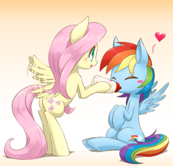 Size: 1021x985 | Tagged: safe, artist:hashioaryut, derpibooru import, fluttershy, rainbow dash, pegasus, pony, adult foal, baby bottle, bipedal, blushing, cute, dashabetes, eyes closed, feeding, flapping, gradient background, heart, hoof hold, open mouth, shyabetes, sitting, smiling, spread wings, underhoof