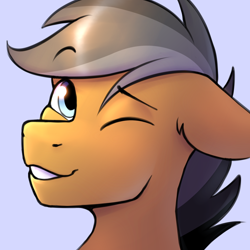 Size: 1800x1800 | Tagged: safe, artist:argigen, quibble pants, earth pony, pony, bust, cute, floppy ears, looking at you, male, one eye closed, portrait, quibblebetes, rcf community, simple background, smiling, solo, stallion, wink