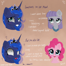 Size: 3500x3500 | Tagged: safe, artist:darkest-lunar-flower, maud pie, pinkie pie, princess luna, alicorn, earth pony, pony, blushing, confused, zzz