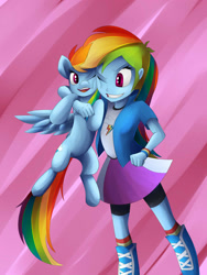 Size: 1024x1365 | Tagged: safe, artist:megagibs, derpibooru import, rainbow dash, equestria girls, cute, dashabetes, hug, human ponidox, square crossover, tiny ponies