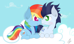 Size: 1024x614 | Tagged: safe, artist:prancuss, derpibooru import, rainbow dash, soarin', pegasus, pony, boop, cloud, female, male, noseboop, shipping, soarindash, straight