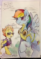 Size: 1280x1824 | Tagged: safe, artist:mi-eau, rainbow dash, spitfire, pegasus, pony, wonderbolts academy, clothes, female, goggles, japan expo, japanese, mare, scene interpretation, traditional art, watercolor painting, wonderbolt trainee uniform