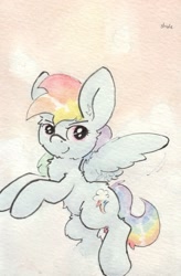 Size: 680x1037 | Tagged: safe, artist:slightlyshade, derpibooru import, rainbow dash, pegasus, pony, looking at you, simple background, solo, traditional art