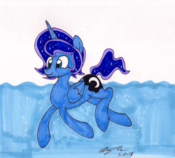 Size: 1468x1324 | Tagged: safe, artist:newyorkx3, prince artemis, princess luna, alicorn, pony, artemabetes, cute, male, rule 63, rule63betes, smiling, solo, stallion, swimming, traditional art, water