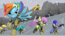 Size: 1920x1080 | Tagged: safe, artist:neondion60, derpibooru import, cherry berry, green jewel, parasol, rainbow dash, sea swirl, seafoam, spitfire, pegasus, pony, 3d, armor, goggles, gun, snow, source filmmaker, war, weapon