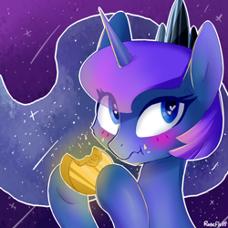 Size: 2000x2000 | Tagged: safe, artist:rosefluffdraws, princess luna, alicorn, pony, blushing, cute, eating, female, food, heart eyes, lunabetes, mare, mid-autumn festival, mooncake, solo, wingding eyes