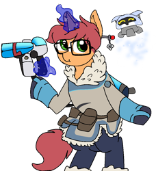 Size: 940x1030 | Tagged: safe, artist:nootaz, oc, oc:game guard, semi-anthro, unicorn, clothes, cosplay, costume, glowing horn, magic, mei (overwatch), overwatch, simple background, telekinesis, transparent background