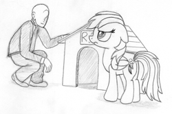 Size: 887x590 | Tagged: safe, artist:midwestbrony, derpibooru import, rainbow dash, oc, oc:anon, human, /mlp/, 4chan, dog house, monochrome, traditional art