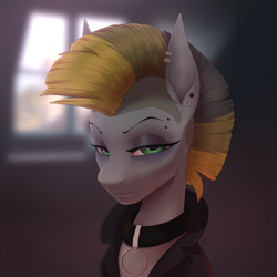 Size: 2000x2000 | Tagged: safe, artist:argigen, oc, pony, bust, clothes, collar, female, gray coat, green eyes, looking at you, mare, multicolored mane, smiling