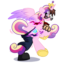 Size: 900x809 | Tagged: safe, artist:virmir, princess cadance, human, boots, clothes, commission, human to pony, male to female, pants, plot, rule 63, shirt, shoes, simple background, sunglasses, torn clothes, transformation, transgender transformation, transparent background
