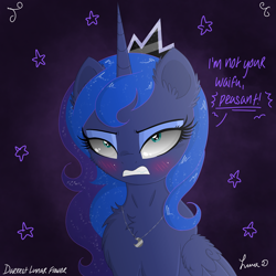 Size: 3500x3500 | Tagged: safe, artist:darkest-lunar-flower, princess luna, alicorn, pony, annoyed, blushing, chest fluff, crown, dialogue, female, jewelry, looking at you, luna is not amused, mare, necklace, open mouth, regalia, signature, solo, unamused