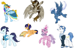 Size: 1104x723 | Tagged: safe, artist:tinuleaf, derpibooru import, fancypants, night glider, rainbow dash, soarin', oc, oc:blue lullaby, oc:ginger, oc:quartz horn, pegasus, pony, unicorn, offspring, parent:derpy hooves, parent:doctor whooves, parent:flash sentry, parent:twilight sparkle, parents:doctorderpy, parents:flashlight