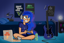 Size: 3560x2368 | Tagged: safe, artist:oinktweetstudios, dj pon-3, princess luna, vinyl scratch, human, arizona ice tea, female, food, gamer luna, grand theft auto, gta v, guitar, headset, humanized, iced tea, meat, pepperoni, pepperoni pizza, pizza, solo, video game