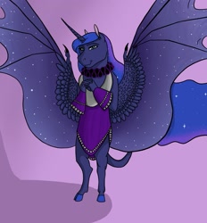 Size: 2205x2377 | Tagged: safe, artist:emmalorelai, princess luna, alicorn, anthro, unguligrade anthro, clothes, collar, cuffs (clothes), elizabethan, female, hybrid wings, mare, ruff (clothing), simple background, solo