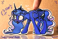 Size: 1123x749 | Tagged: safe, artist:darkest-lunar-flower, princess luna, alicorn, human, pony, adorable distress, back fluff, blushing, cheek fluff, crying, cute, ear fluff, embarrassed, fangs, female, finger, frown, hand, hoof fluff, irl, jewelry, mare, necklace, onomatopoeia, open mouth, paper child, petting, photo, reflection, scratching, solo focus, stuttering, tsundere, unshorn fetlocks, wide eyes, wing fluff