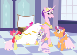 Size: 5848x4184 | Tagged: safe, artist:mr100dragon100, apple bloom, princess cadance, scootaloo, sweetie belle, alicorn, pony, a canterlot wedding, bride, bridesmaid dress, clothes, cutie mark crusaders, dress, female, flower filly, flower girl, flower girl dress, marriage, wedding, wedding dress, wedding veil