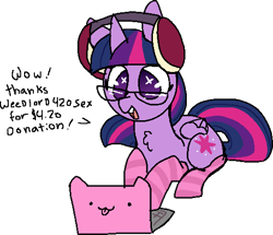 Size: 532x457 | Tagged: safe, artist:nootaz, twilight sparkle, twilight sparkle (alicorn), alicorn, pony, clothes, computer, dialogue, female, glasses, headphones, laptop computer, mare, open mouth, simple background, socks, solo, starry eyes, streamers, striped socks, transparent background, wingding eyes