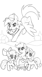 Size: 350x630 | Tagged: safe, artist:bartolomeus_, derpibooru import, apple bloom, rainbow dash, scootaloo, sweetie belle, pegasus, pony, black and white, blowing, cutie mark crusaders, flying, grayscale, hat, judgement, lineart, monochrome, puffy cheeks, referee, tarot card, whistle, whistle necklace, wip