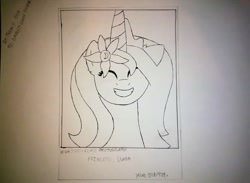 Size: 3222x2353 | Tagged: safe, artist:shilags, princess luna, alicorn, pony, beautiful, cute, eyes closed, female, flower, flower in hair, lunabetes, mare, monochrome, photo, request, requested art, s1 luna, silly, silly pony, smiling, solo, traditional art