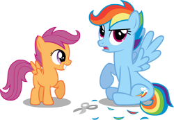 Size: 5992x4154 | Tagged: dead source, safe, artist:austiniousi, artist:fallingcomets, rainbow dash, scootaloo, pegasus, pony, absurd resolution, alternate hairstyle, haircut, scissors, simple background, transparent background, vector