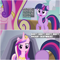 Size: 1000x1000 | Tagged: safe, edit, edited screencap, screencap, princess cadance, queen chrysalis, twilight sparkle, alicorn, changeling, changeling queen, pony, unicorn, friendship is witchcraft, a canterlot wedding, ass up, booty booty booty booty rockin' everywhere, bubba sparxxx, butt shake, caption, comic, duo, face down ass up, female, image macro, mare, ms. new booty, plot, song reference, text