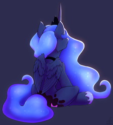 Size: 2288x2540 | Tagged: safe, alternate version, artist:argigen, princess luna, alicorn, pony, black background, cheek fluff, facing away, female, high res, mare, rcf community, rear view, simple background, sitting, solo