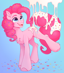 Size: 2516x2904 | Tagged: safe, artist:argigen, pinkie pie, earth pony, pony, blue background, chest fluff, confetti, cute, diapinkes, ear fluff, female, food, frosting, high res, leg fluff, mare, open mouth, rcf community, simple background, solo, sprinkles