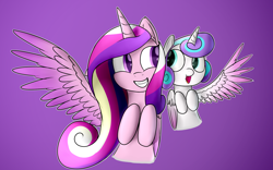 Size: 3840x2400 | Tagged: safe, artist:renderpoint, princess cadance, princess flurry heart, alicorn, pony, baby, baby pony, bust, colored pupils, cute, cutedance, duo, female, flurrybetes, hooves to the chest, mother and child, mother and daughter, open mouth, parent and child, purple background, simple background, smiling, spread wings, wings