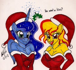 Size: 1211x1120 | Tagged: safe, artist:newyorkx3, princess luna, spitfire, anthro, blushing, breasts, bronybait, christmas, cleavage, clothes, dialogue, evening gloves, female, gloves, hat, holiday, holly, holly mistaken for mistletoe, imminent kissing, long gloves, mistleholly, mistletoe, santa hat, signature, simple background, traditional art, white background