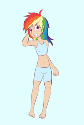 Size: 600x900 | Tagged: safe, artist:samofbob, derpibooru import, rainbow dash, human, armpits, belly button, blue background, clothes, female, humanized, looking at you, midriff, open mouth, shorts, simple background, smiling, solo, tanktop