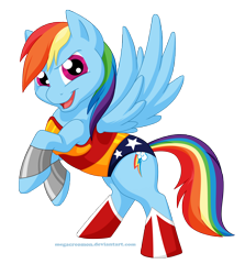 Size: 2892x3246 | Tagged: safe, artist:megacreomon, rainbow dash, pegasus, pony, clothes, compassion, costume, courage, cute, dashabetes, feminism, kindness, loyalty, military tactician, rainbow dash is best pony, rainbow sass, solo, warrior, warrior dash, wonder woman